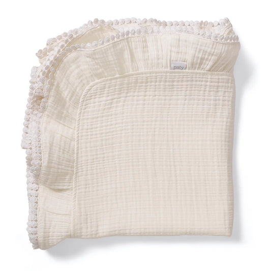 Paty Organic Cotton Muslin Gauze Blanket with Pom Trim
