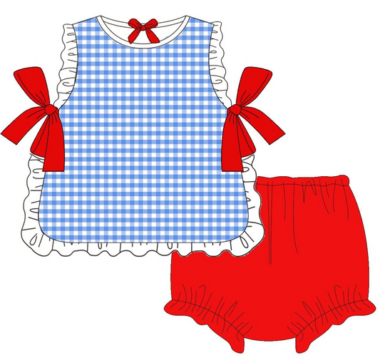 Powder Blue Gingham Girls Bow Apron Set