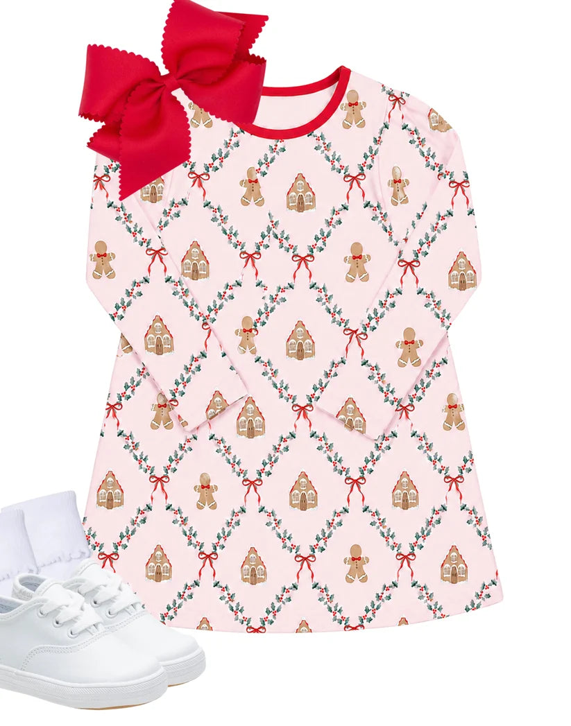 Knit gingerbread house dress