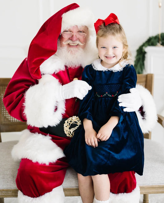 Navy blue velvet smocked dress