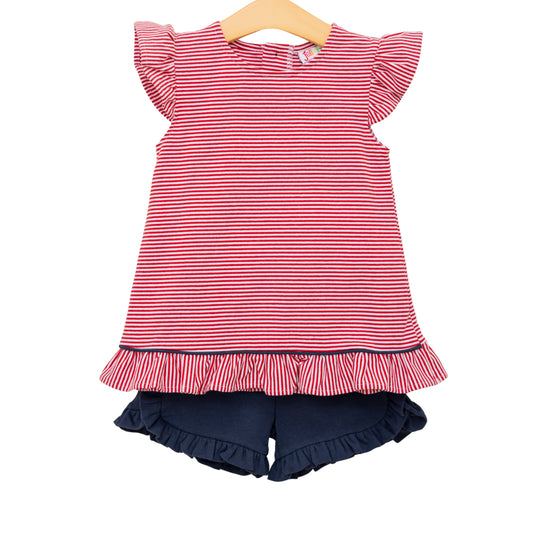 GAME DAY Gracie Ruffle Short Set- Red Stripe and Navy