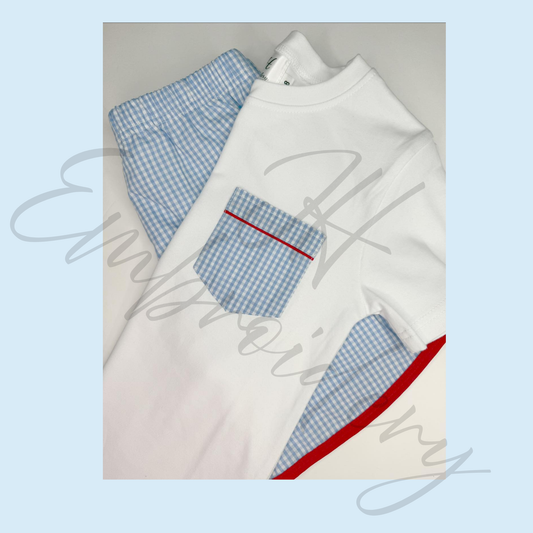 Light Blue Gingham/Red Trim Woven Pocket Short Set