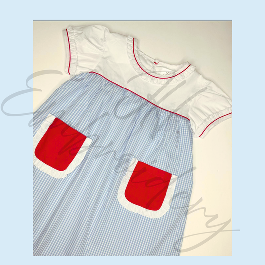 Light Blue Gingham Ruffle /Red Trim Woven Pocket Dress