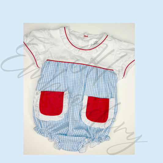 Ruffle Light Blue Gingham/Red Trim Woven Bubble with Pockets