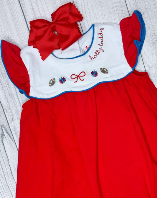 Team Spirit Scallop Dress- Red/Blue- hotty toddy collar monogram