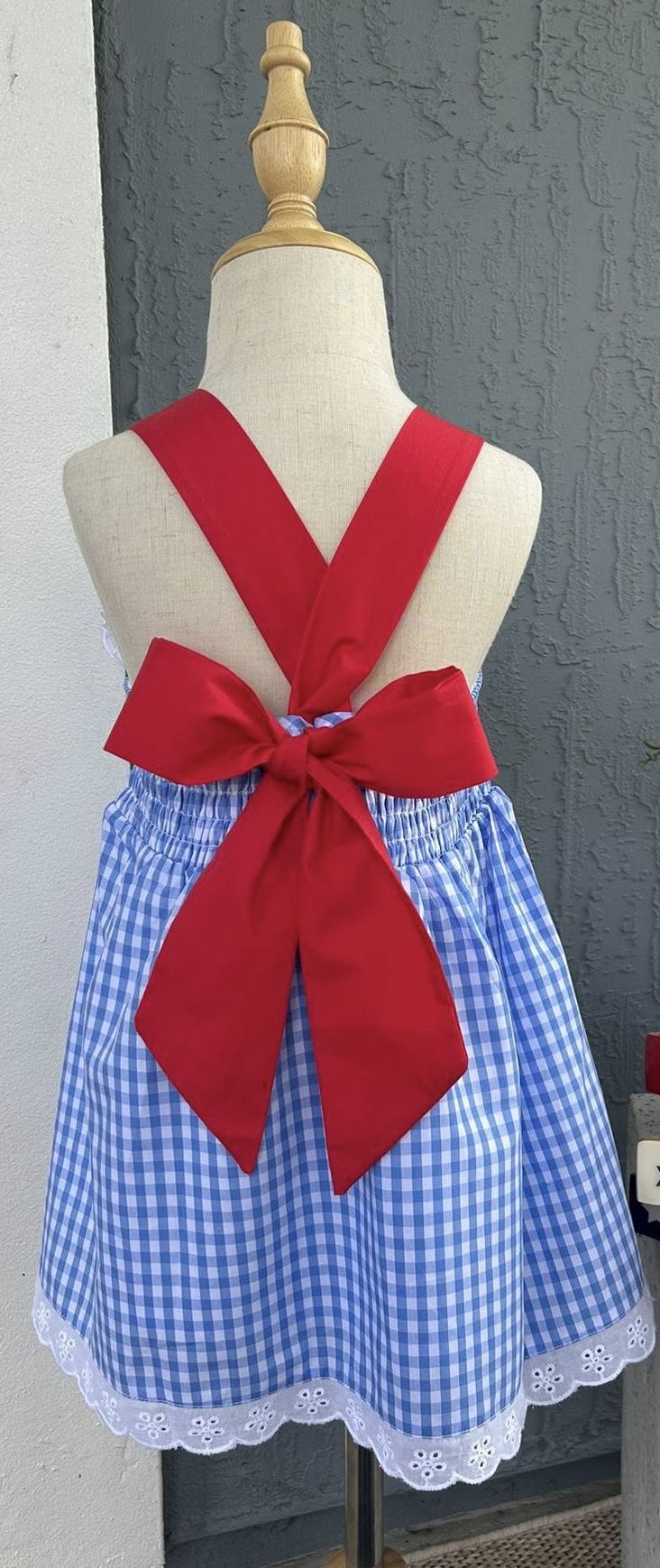 Powder Blue and Red Gingham Bowback Dress